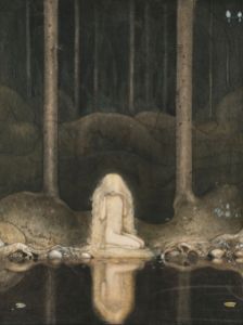 Ännu sitter Tuvstarr kvar och ser ner i vattnet - målning av John Bauer